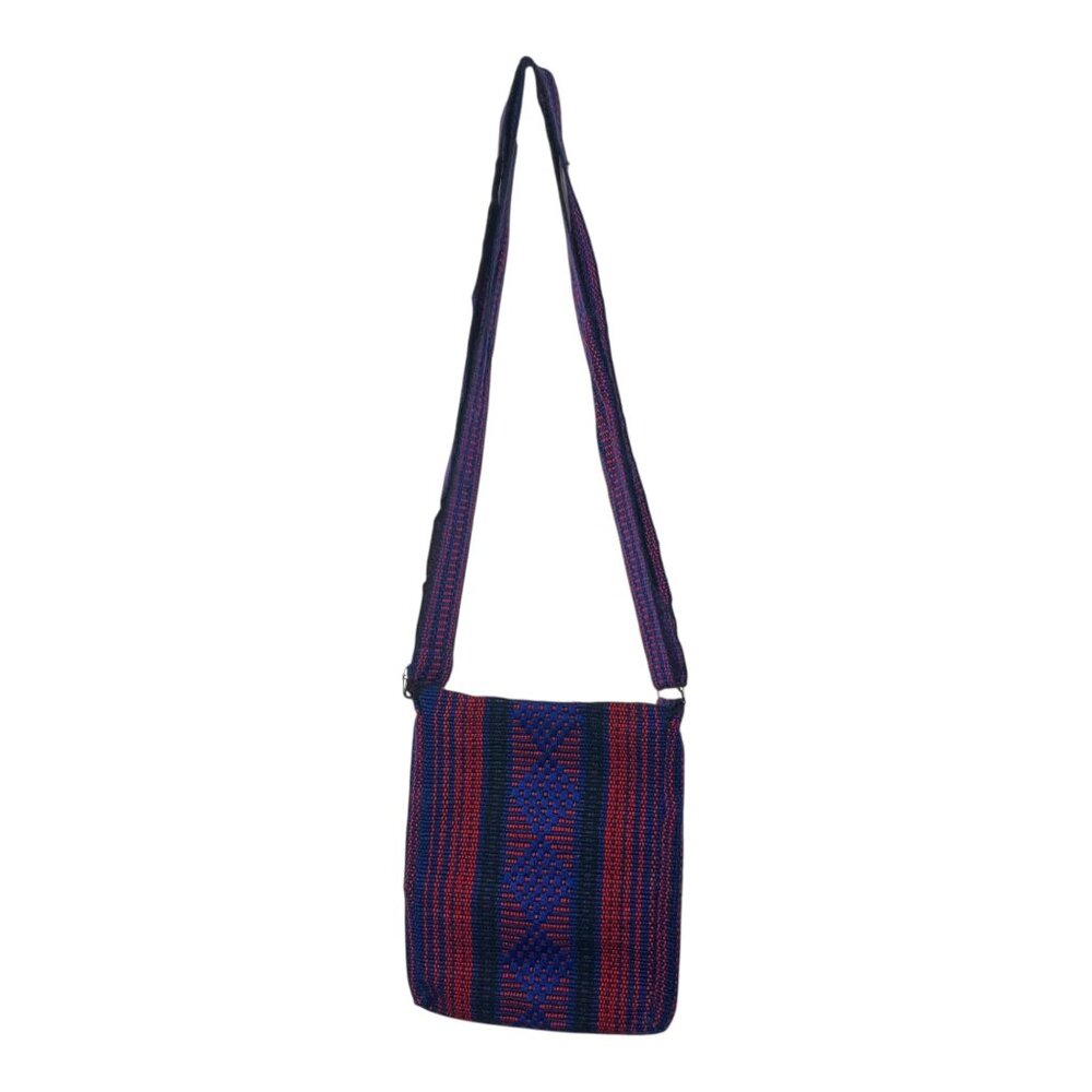 Boho Woven Crossbody Bag – Red & Blue Tribal Pattern, Adjustable Strap, Multi-Zi
